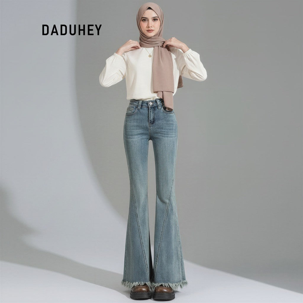 DADUHEY Slightly Flared Jeans Women's 2025 New Retro Tassel Retro High Waist Slimming Pants | 831