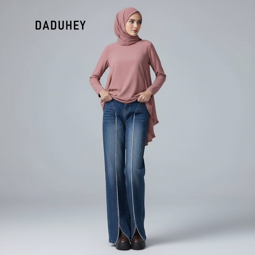 DADUHEY Women's Jeans Retro Straight-Leg Pants Burr Stitching Pants High Street High Waist Slimming Pants | 1047