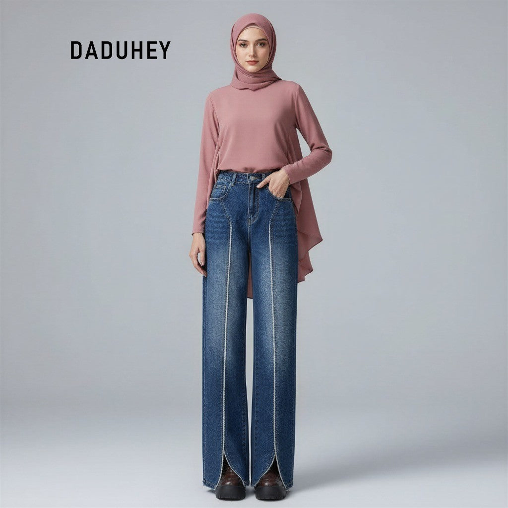 DADUHEY Women's Jeans Retro Straight-Leg Pants Burr Stitching Pants High Street High Waist Slimming Pants | 1047