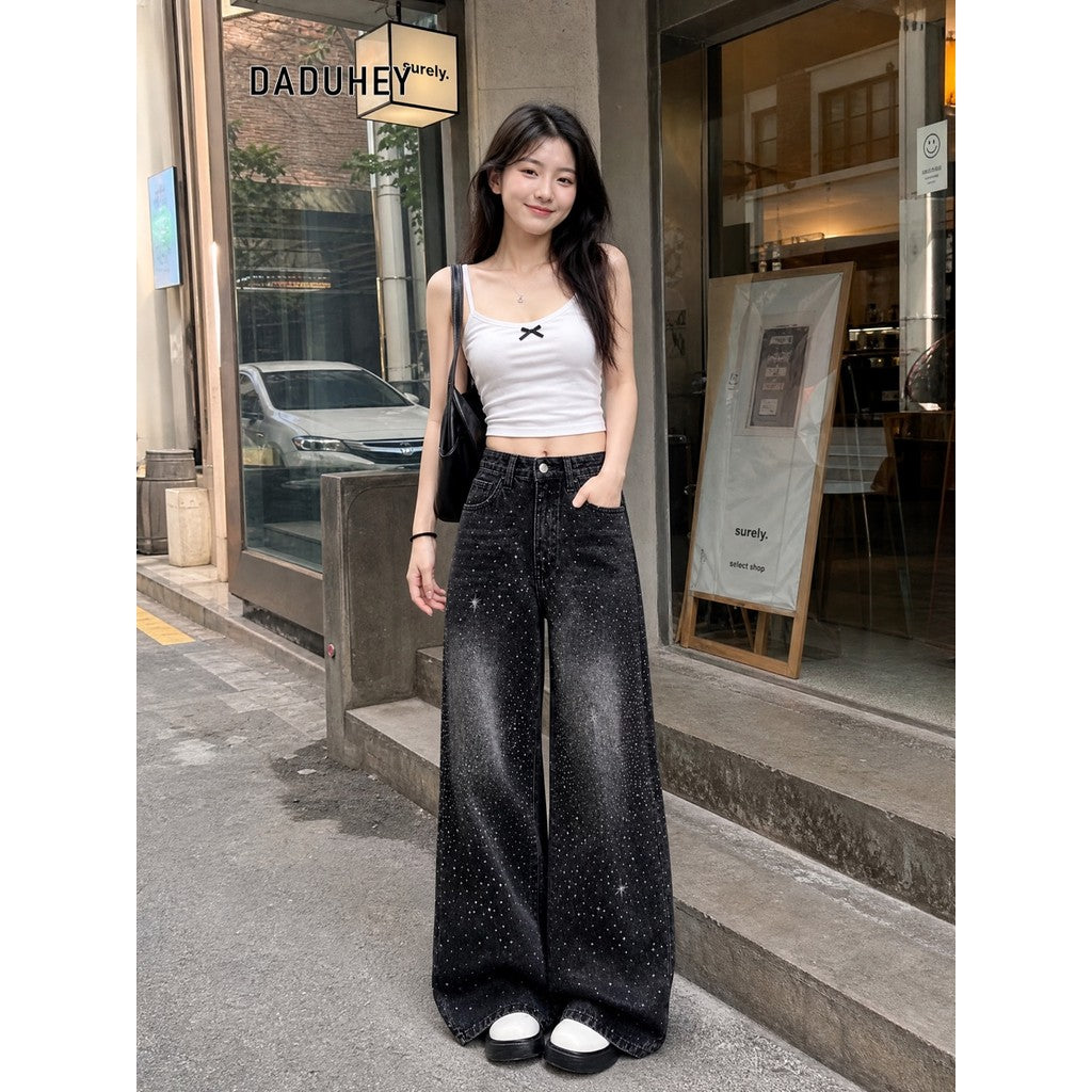 DADUHEY Rhinestone Belted Wide-Leg Jeans Women | Street Structure