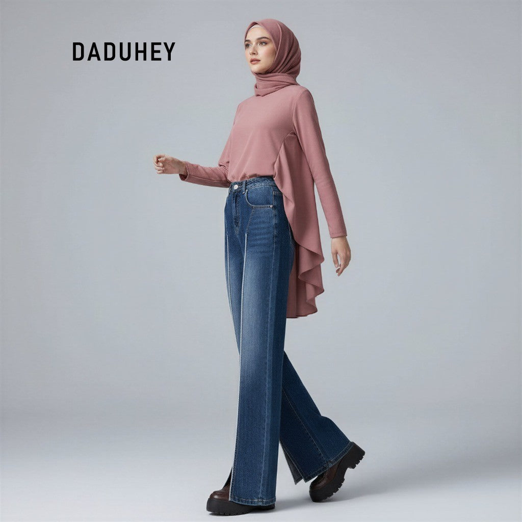 DADUHEY Women's Jeans Retro Straight-Leg Pants Burr Stitching Pants High Street High Waist Slimming Pants | 1047
