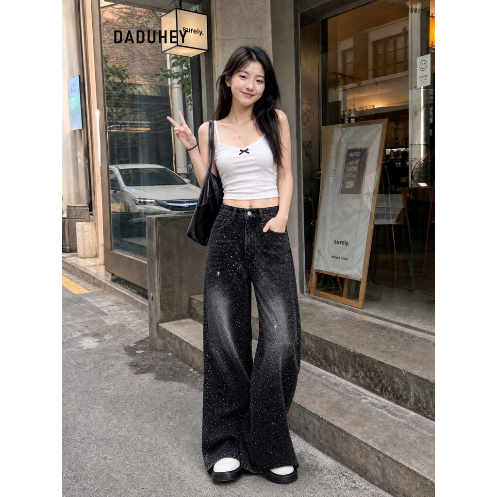 DADUHEY Rhinestone Belted Wide-Leg Jeans Women | Street Structure
