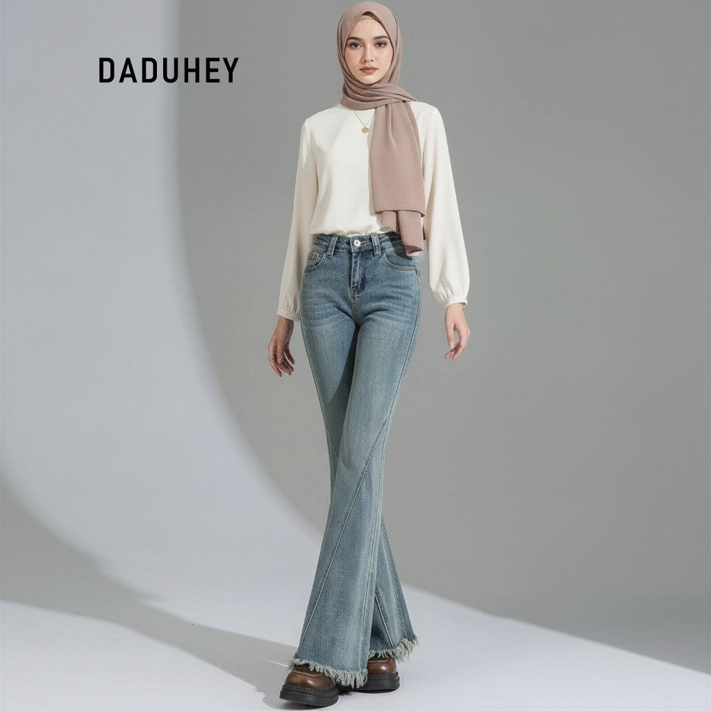 DADUHEY Slightly Flared Jeans Women's 2025 New Retro Tassel Retro High Waist Slimming Pants | 831