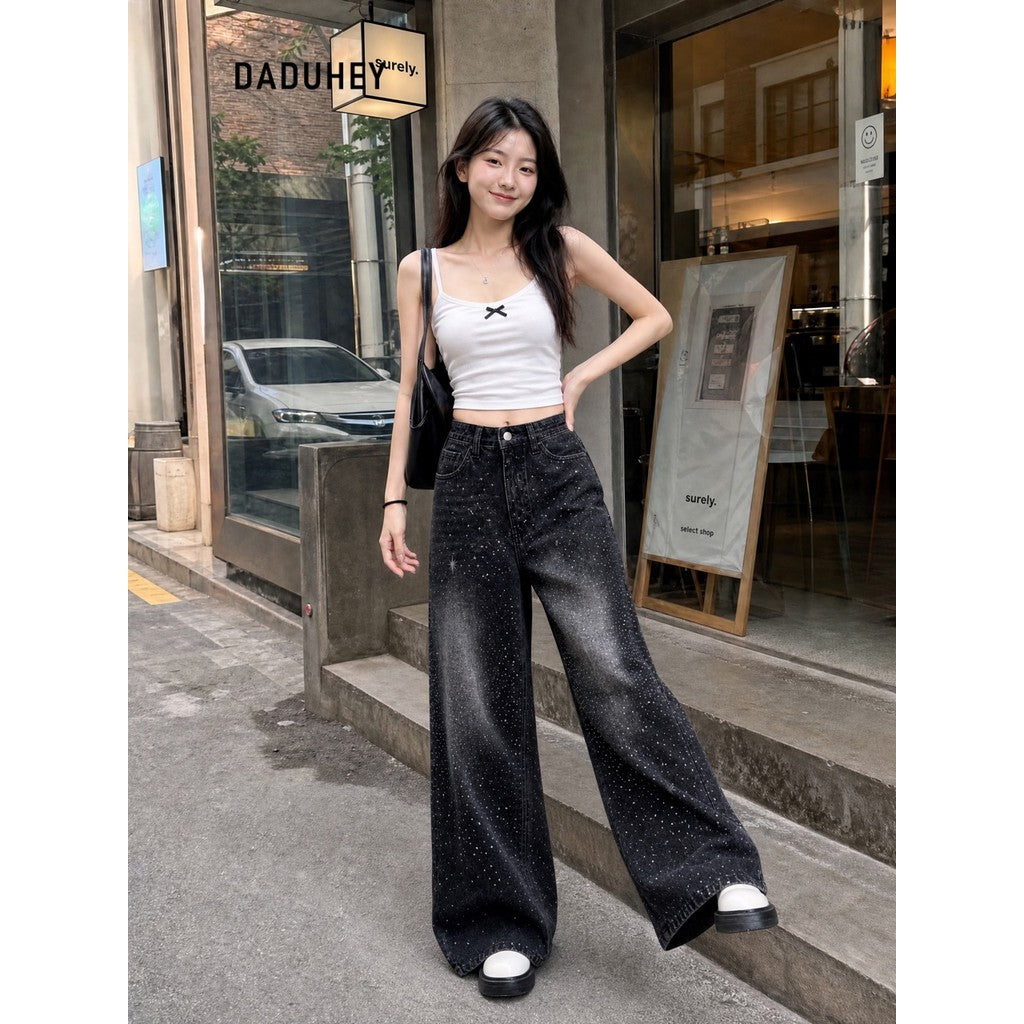 DADUHEY Rhinestone Belted Wide-Leg Jeans Women | Street Structure
