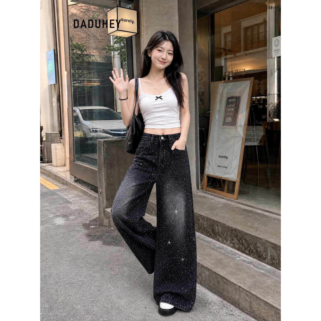 DADUHEY Rhinestone Belted Wide-Leg Jeans Women | Street Structure