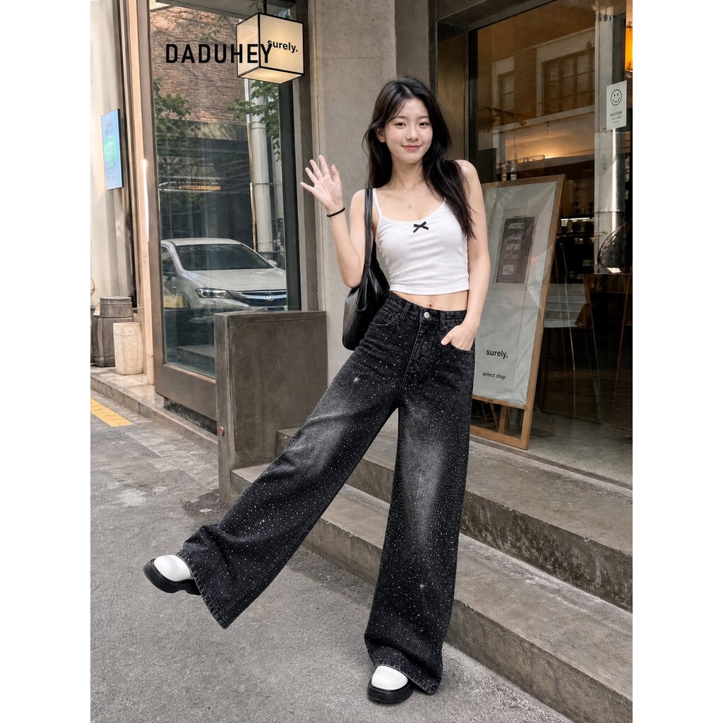 DADUHEY Rhinestone Belted Wide-Leg Jeans Women | Street Structure