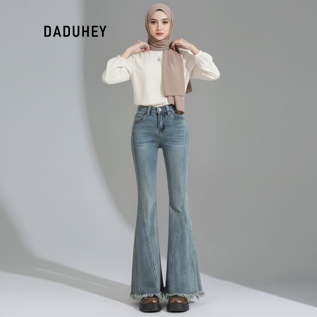 DADUHEY Slightly Flared Jeans Women's 2025 New Retro Tassel Retro High Waist Slimming Pants | 831