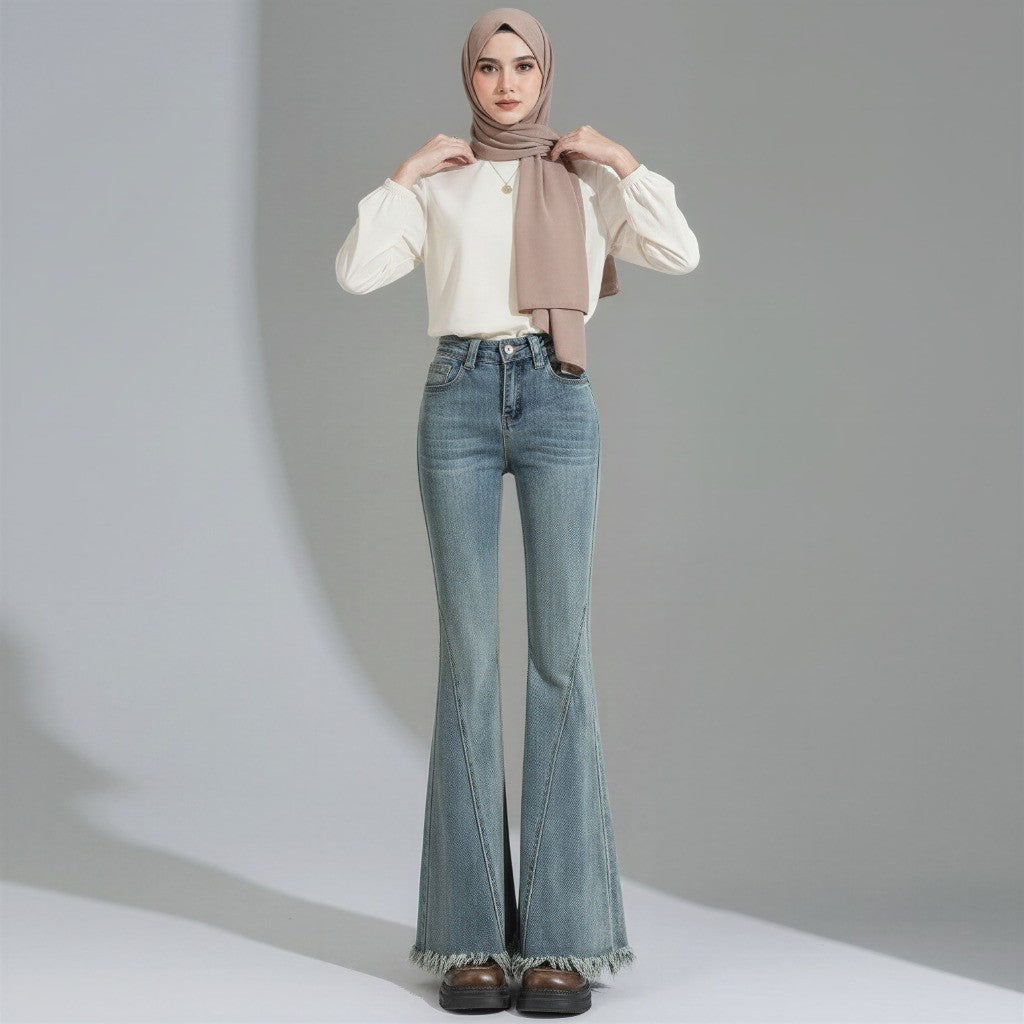 DADUHEY Slightly Flared Jeans Women's 2025 New Retro Tassel Retro High Waist Slimming Pants | 831