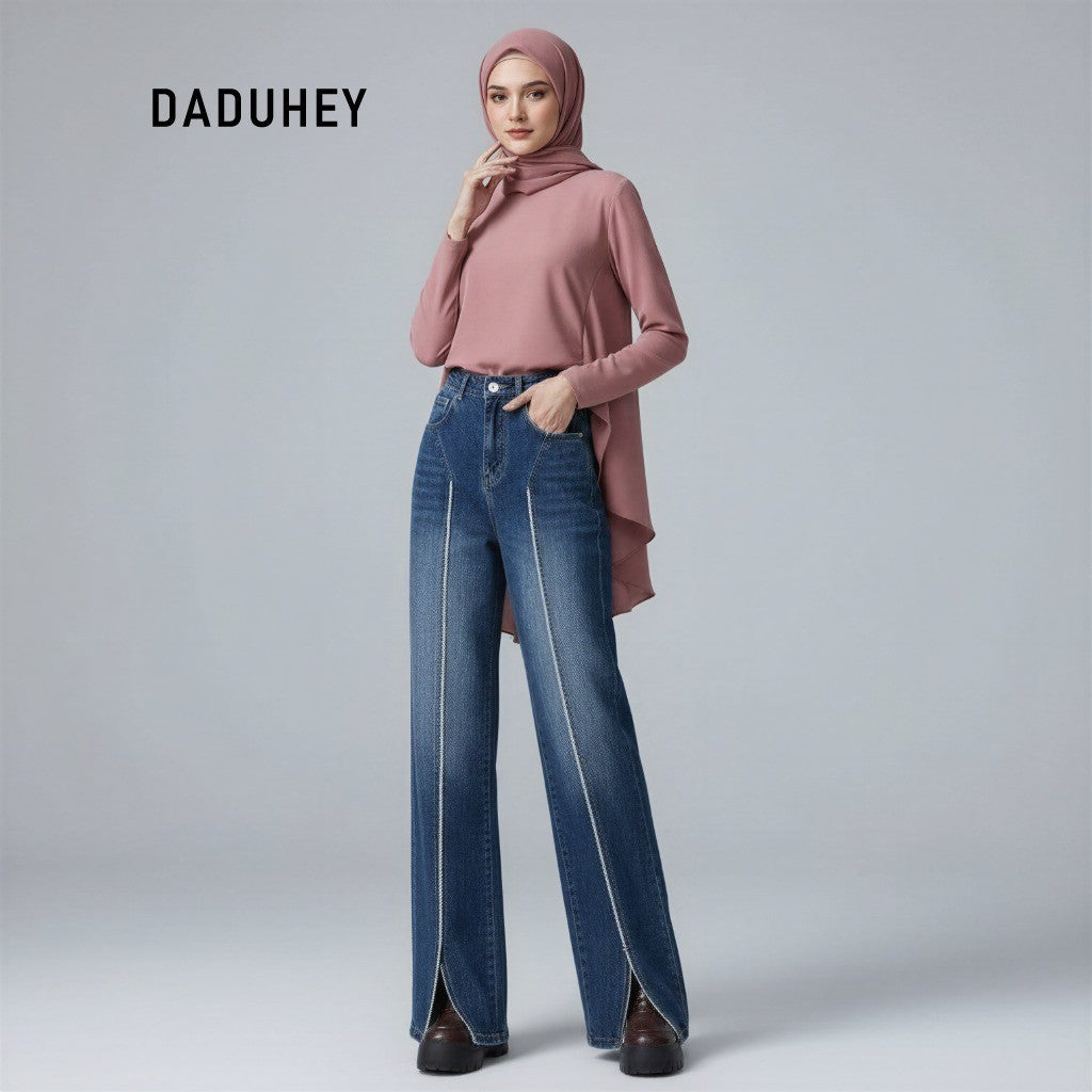 DADUHEY Women's Jeans Retro Straight-Leg Pants Burr Stitching Pants High Street High Waist Slimming Pants | 1047