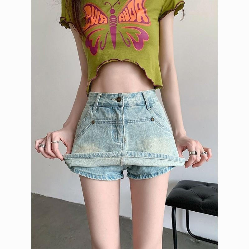 DaDuHey Denim Skirt Women's Korean-Style Hot Girl High Waist Slimming Light-Colored A- line Skirt with Lining Pants
