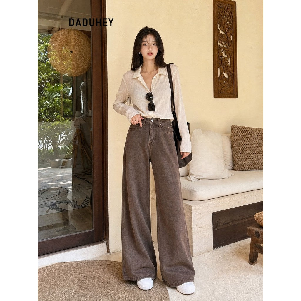 DADUHEY Coffee Wide-Leg Jeans Women | Retro Loose Mop | 052