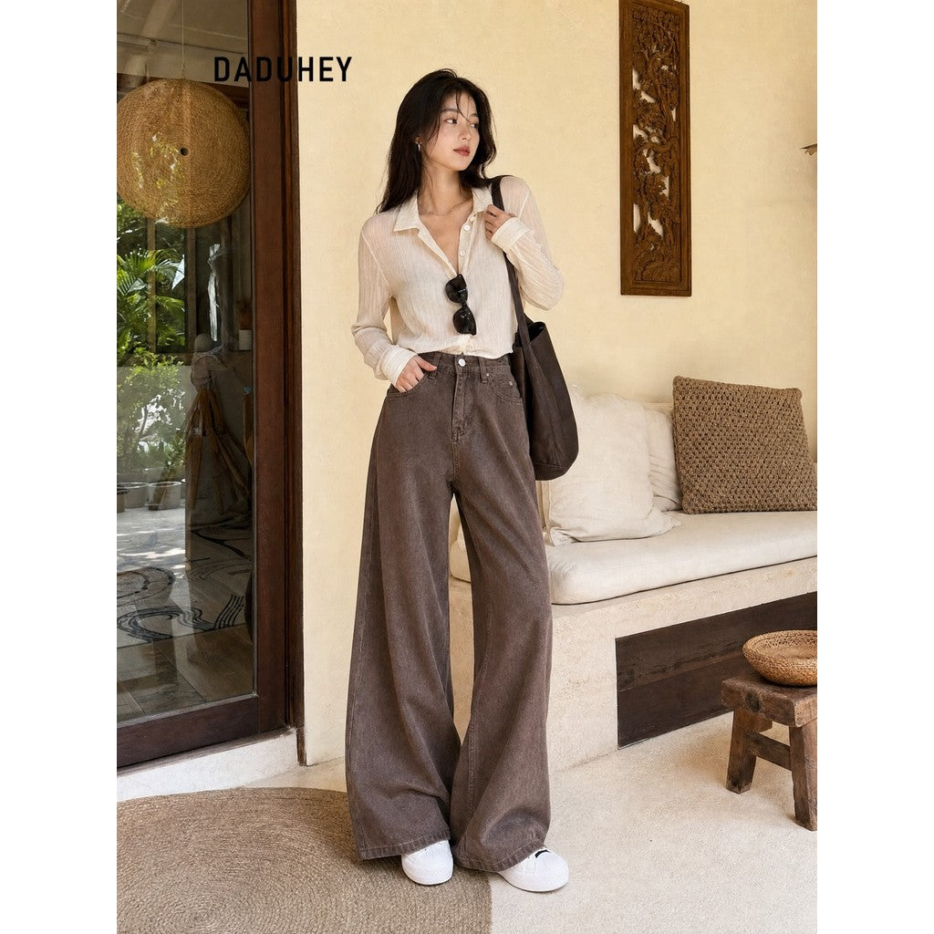 DADUHEY Coffee Wide-Leg Jeans Women | Retro Loose Mop | 052