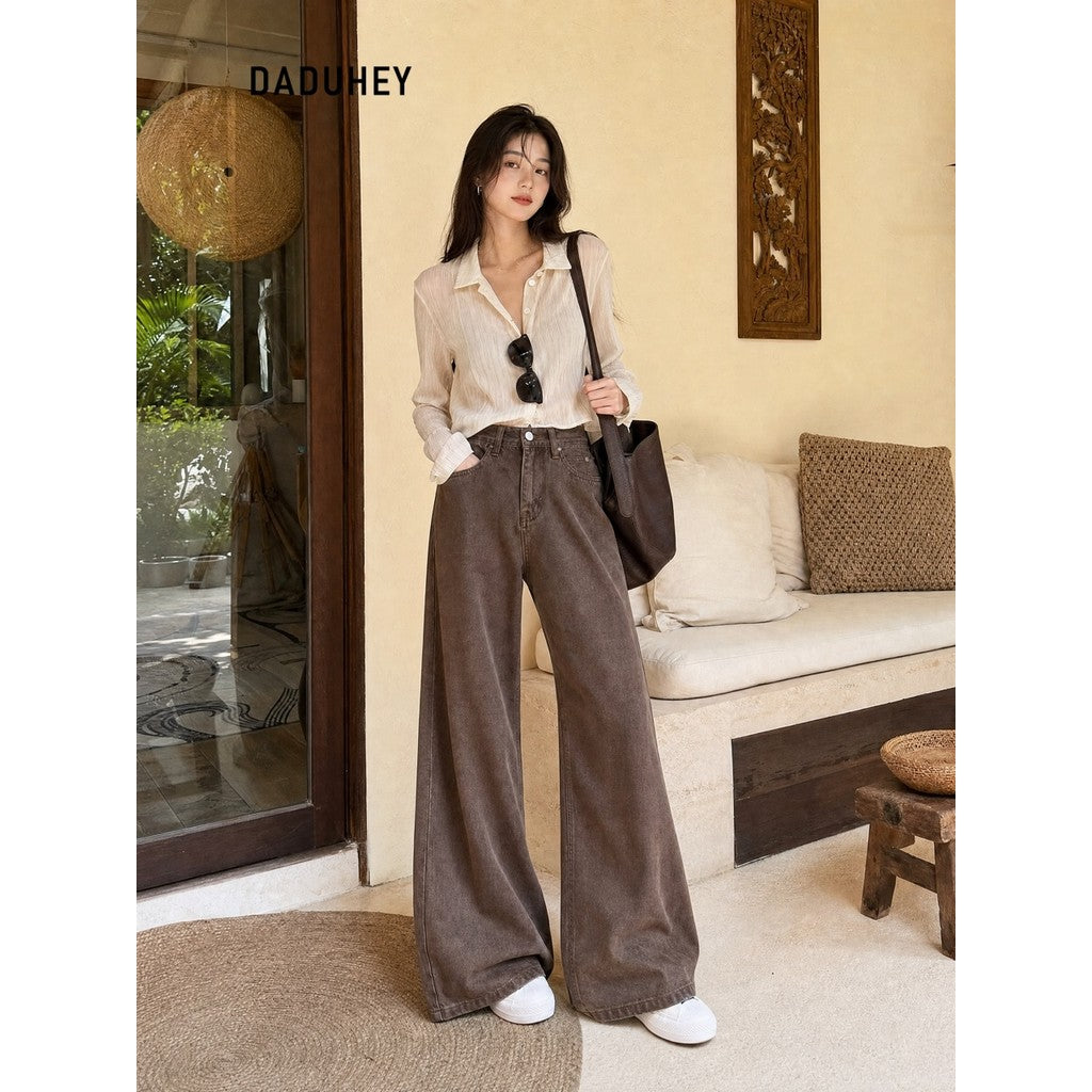DADUHEY Coffee Wide-Leg Jeans Women | Retro Loose Mop | 052