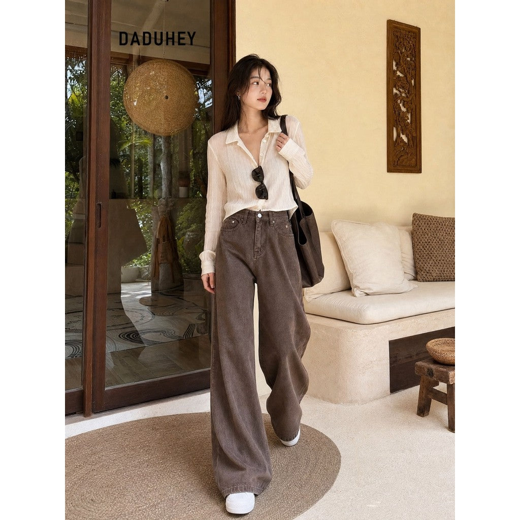 DADUHEY Coffee Wide-Leg Jeans Women | Retro Loose Mop | 052