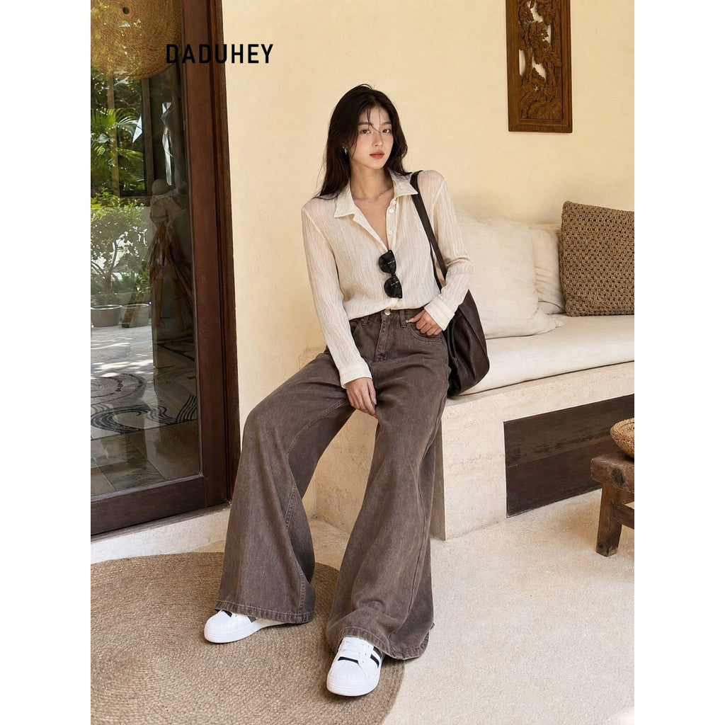 DADUHEY Coffee Wide-Leg Jeans Women | Retro Loose Mop | 052