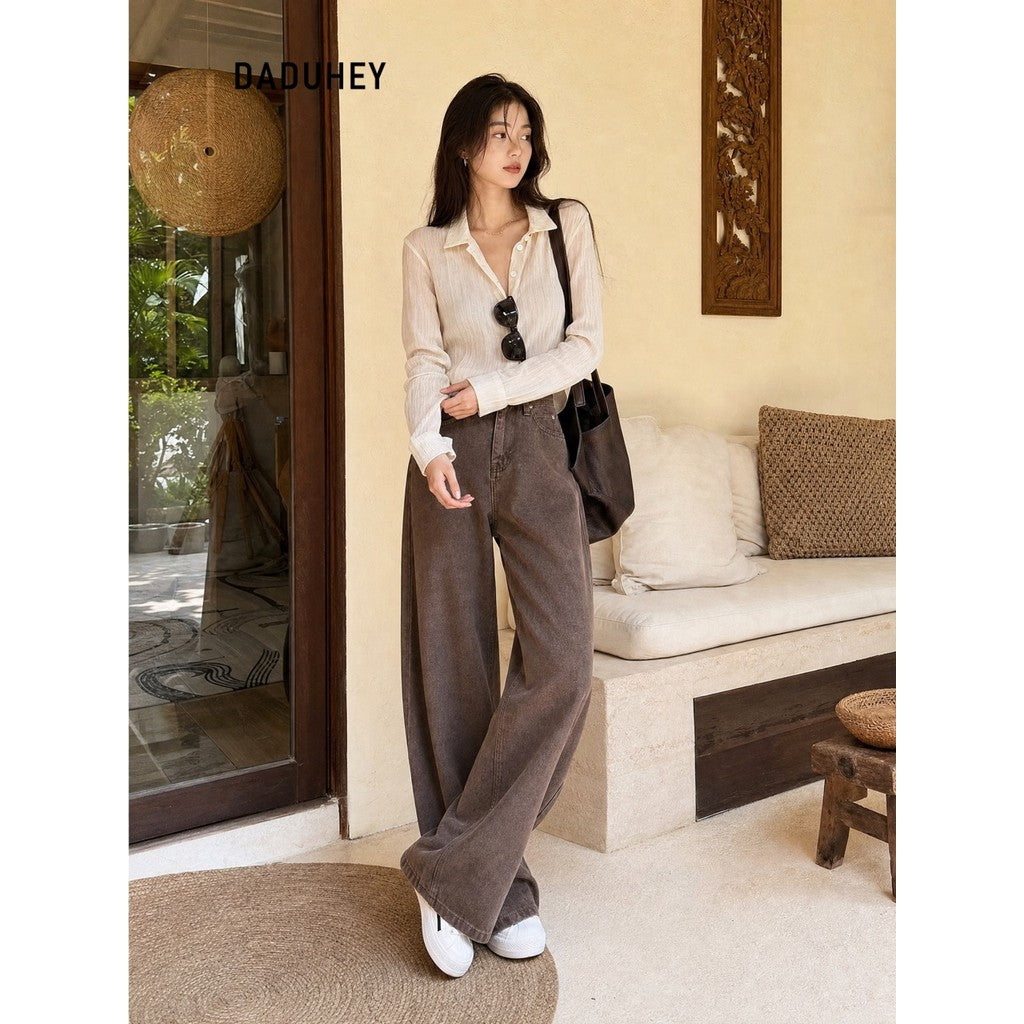DADUHEY Coffee Wide-Leg Jeans Women | Retro Loose Mop | 052