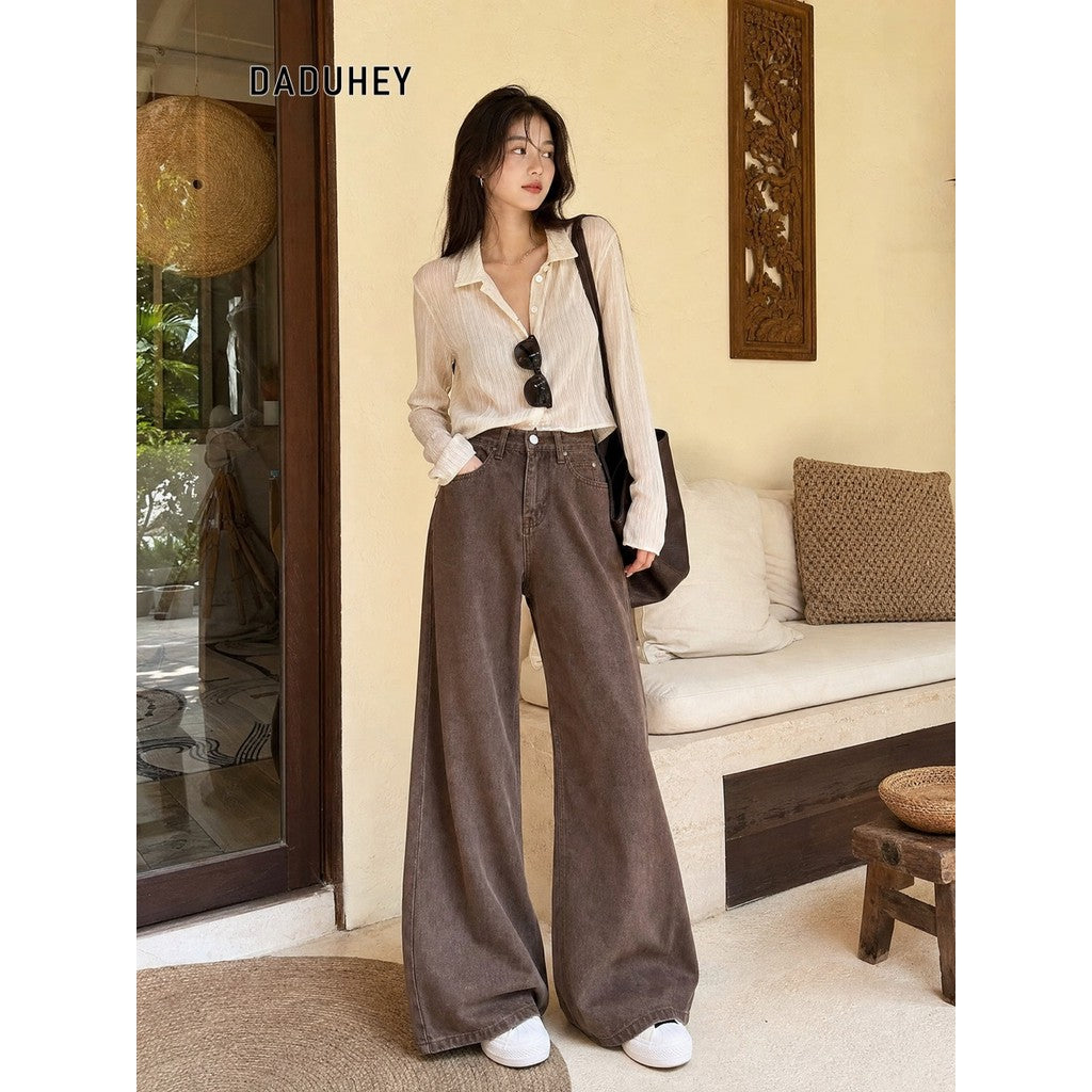 DADUHEY Coffee Wide-Leg Jeans Women | Retro Loose Mop | 052