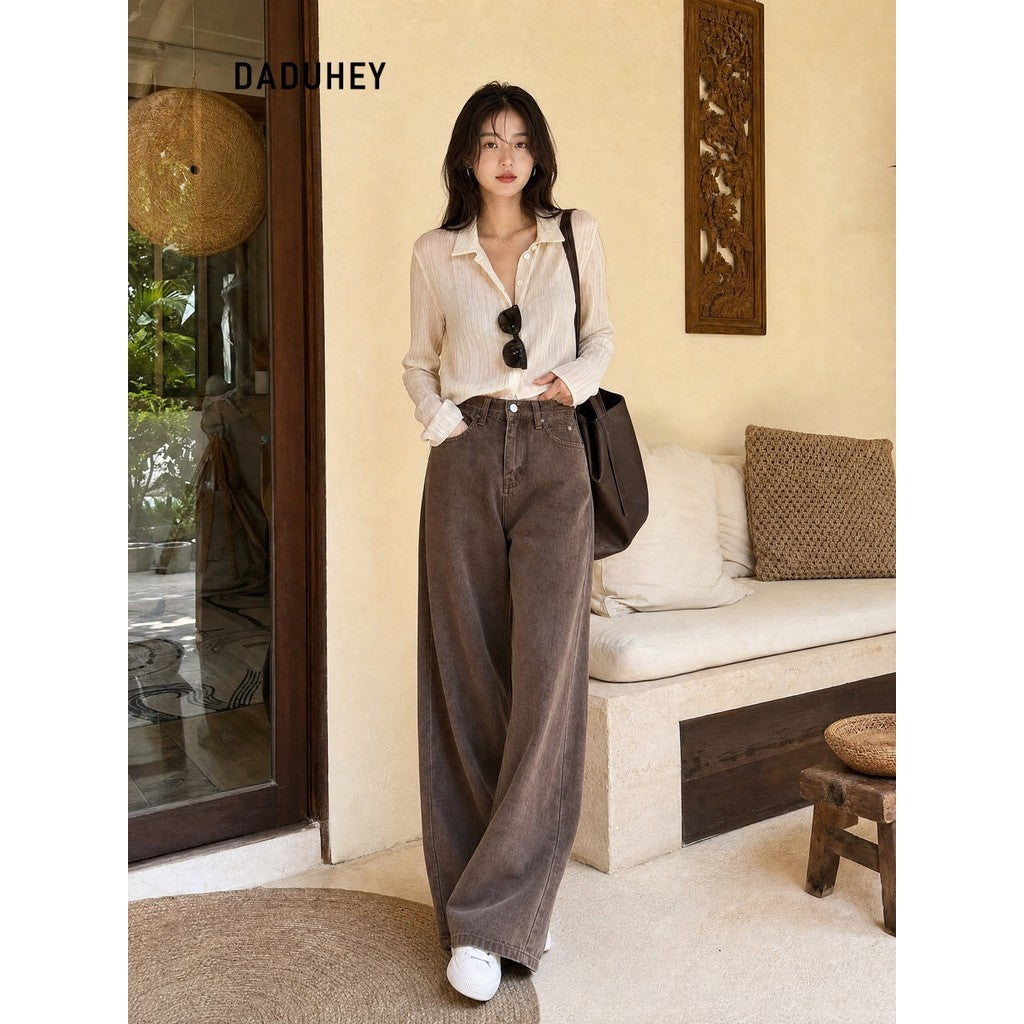 DADUHEY Coffee Wide-Leg Jeans Women | Retro Loose Mop | 052