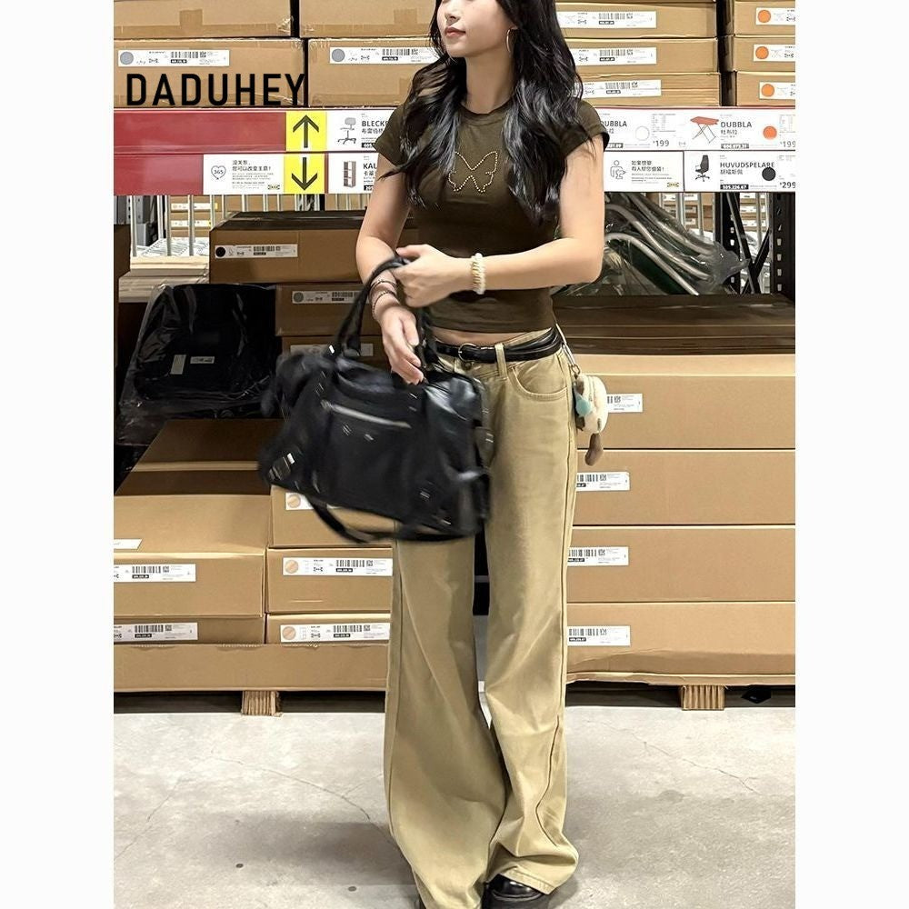 DaDuHey Women's Korean-Style Retro Loose Slimming Jeans Khaki Bootcut Pants Fall Winter Fashion | 9049