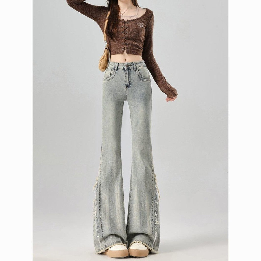 DADUHEY Flared Jeans Women | Retro High-Waist Raw Hem | 1968