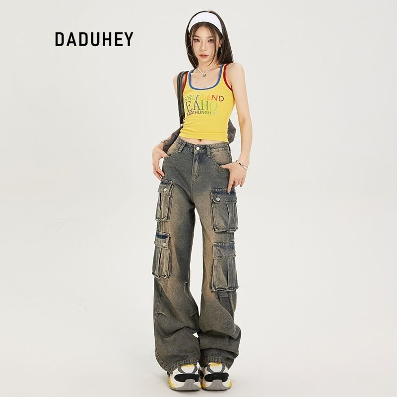 DaDuHey Workwear Women's Pants Women's Retro Street Trendy Cool Multi-Pocket Loose-Fitting Wide-Leg Trousers