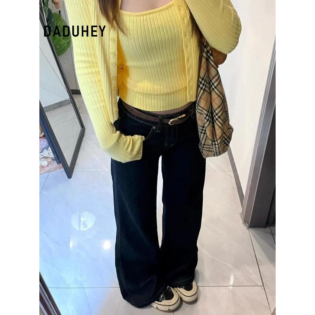 DaDuHey Women's Straight Jeans Korean-Style Retro Dark Blue Low Waist Bootcut Trousers | 9079