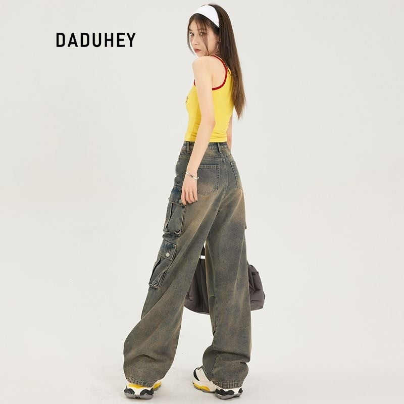 DaDuHey Workwear Women's Pants Women's Retro Street Trendy Cool Multi-Pocket Loose-Fitting Wide-Leg Trousers