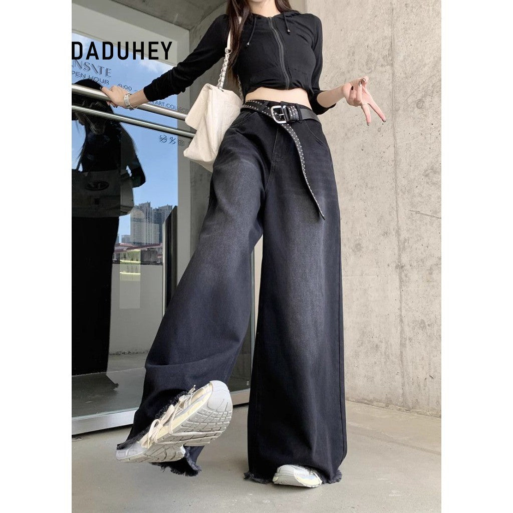 DADUHEY Black Grey Wide-Leg Jeans Women | Washed Distressed