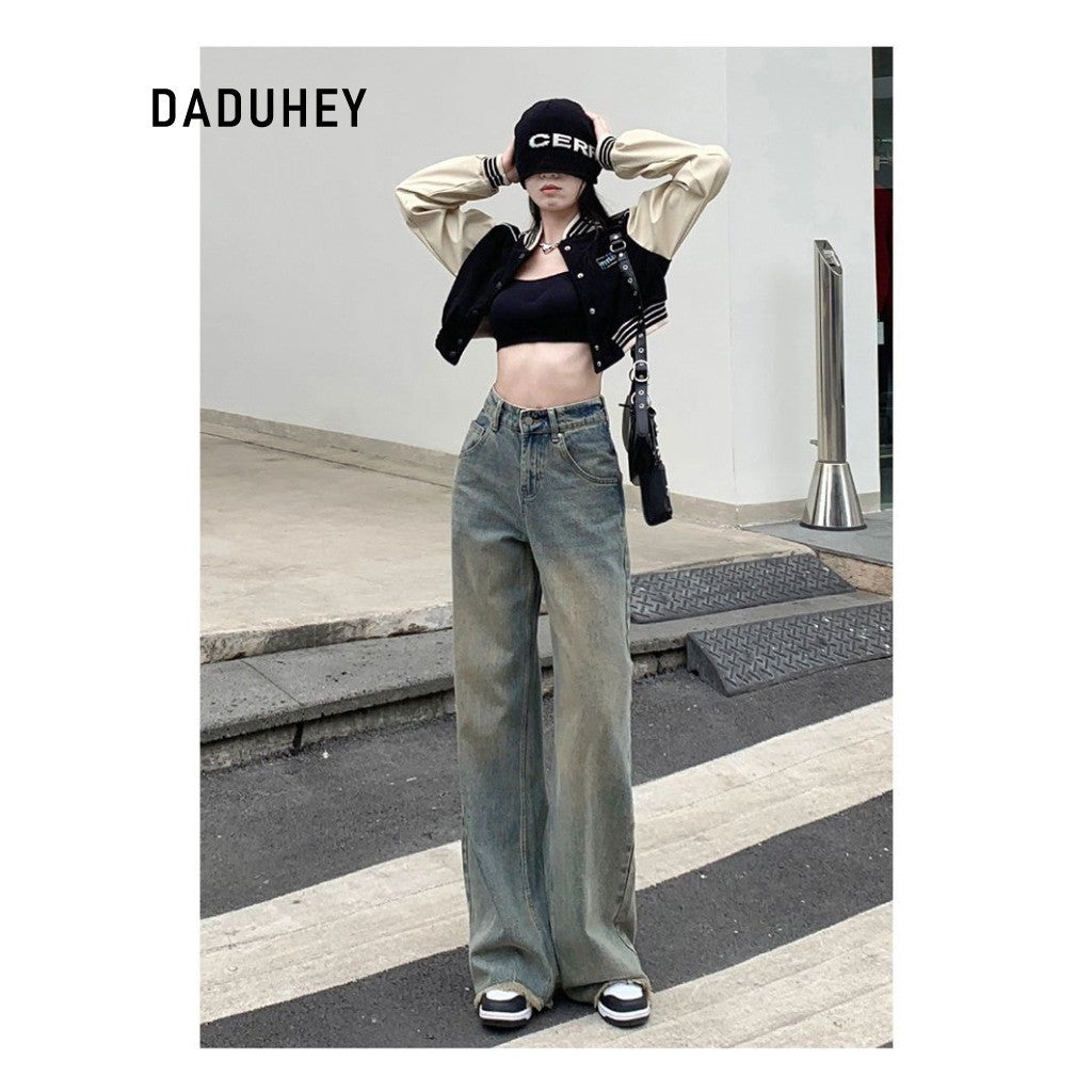 DADUHEY Distressed Straight Jeans Women | High-Waist Frayed Retro
