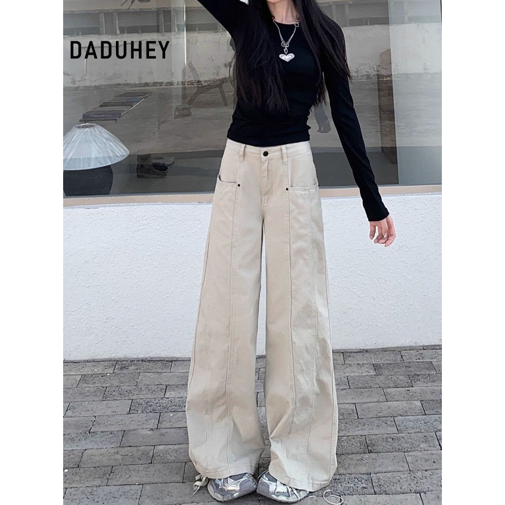 DaDuHey Women's Wide-Leg Jeans American Retro Loose Slimming and All-Matching White Trousers Small
