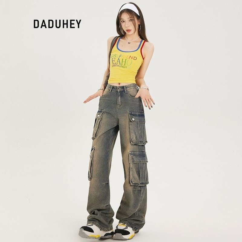 DaDuHey Workwear Women's Pants Women's Retro Street Trendy Cool Multi-Pocket Loose-Fitting Wide-Leg Trousers