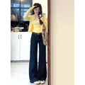 DaDuHey Women's Straight Jeans Korean-Style Retro Dark Blue Low Waist Bootcut Trousers | 9079