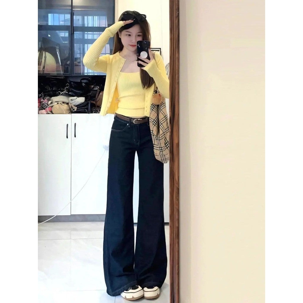 DaDuHey Women's Straight Jeans Korean-Style Retro Dark Blue Low Waist Bootcut Trousers | 9079