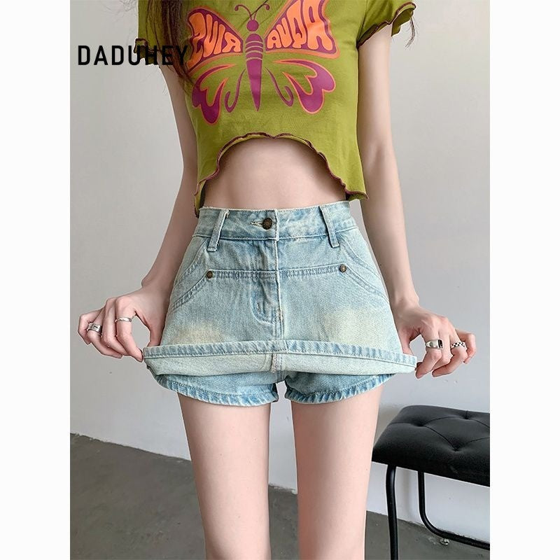 DaDuHey Denim Skirt Women's Korean-Style Hot Girl High Waist Slimming Light-Colored A- line Skirt with Lining Pants