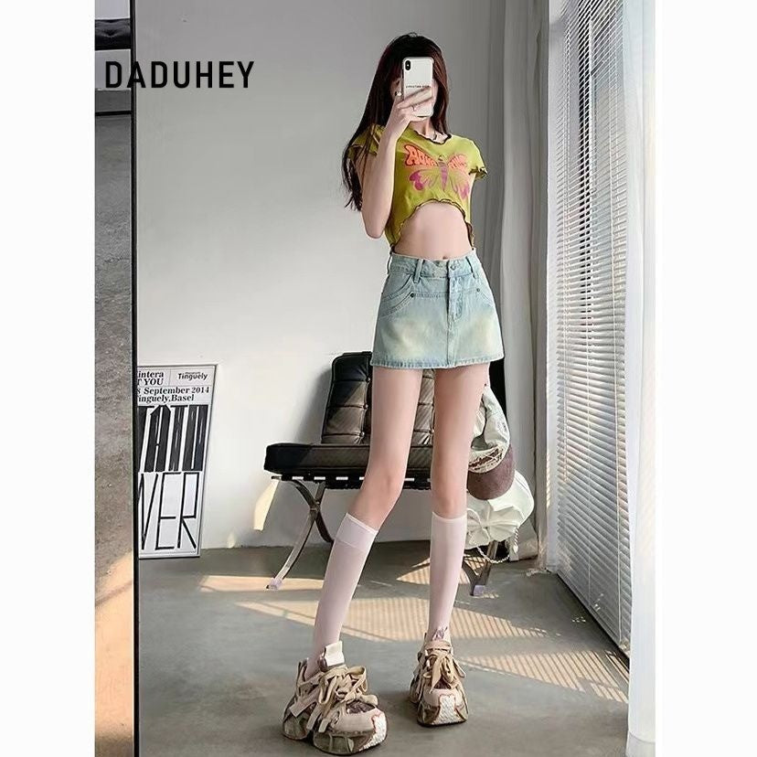 DaDuHey Denim Skirt Women's Korean-Style Hot Girl High Waist Slimming Light-Colored A- line Skirt with Lining Pants