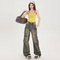 DaDuHey Workwear Women's Pants Women's Retro Street Trendy Cool Multi-Pocket Loose-Fitting Wide-Leg Trousers