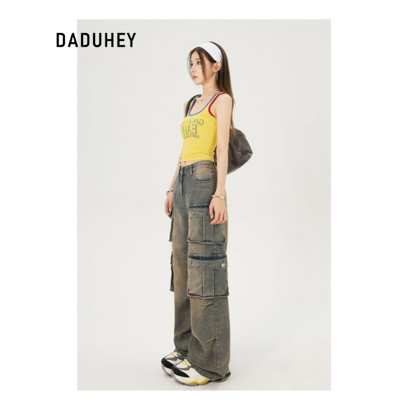 DaDuHey Workwear Women's Pants Women's Retro Street Trendy Cool Multi-Pocket Loose-Fitting Wide-Leg Trousers