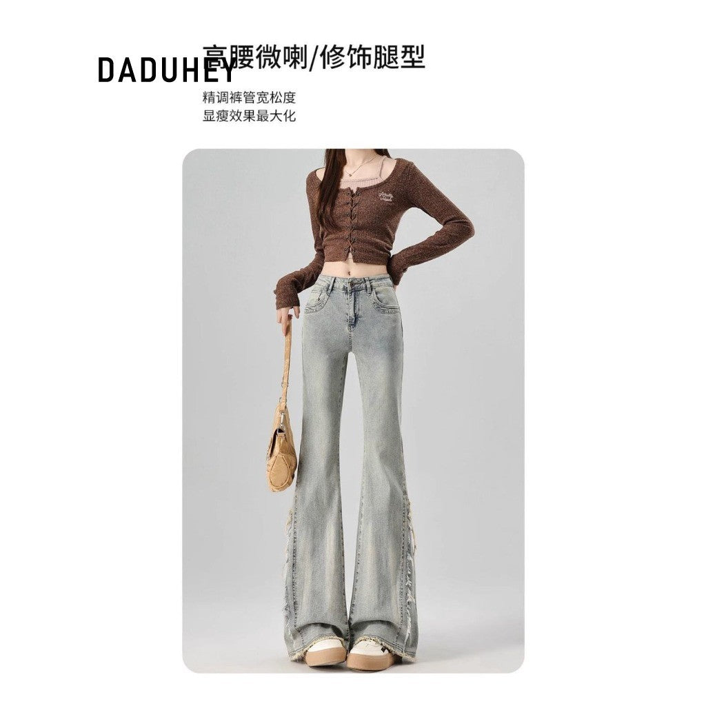 DADUHEY Flared Jeans Women | Retro High-Waist Raw Hem | 1968