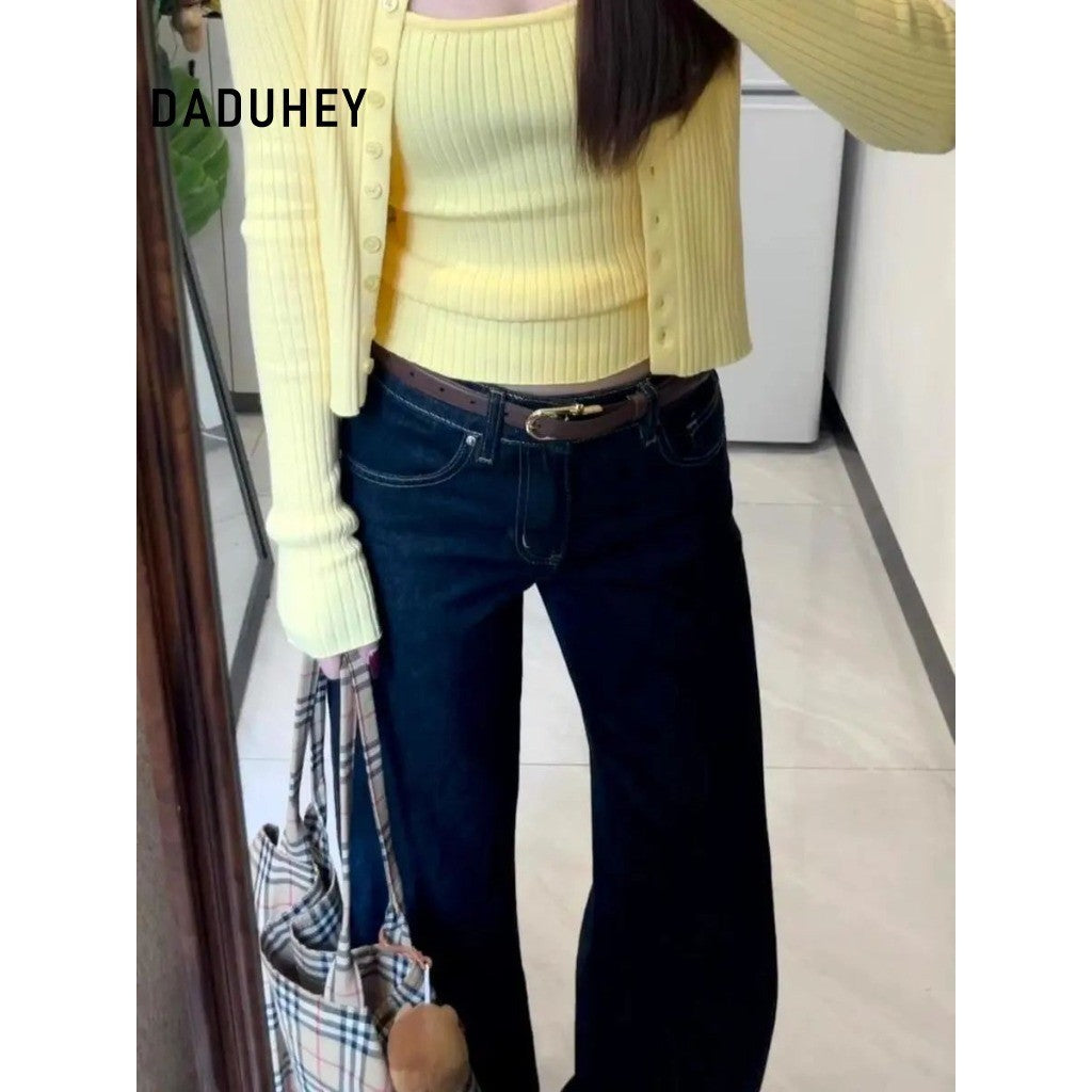 DaDuHey Women's Straight Jeans Korean-Style Retro Dark Blue Low Waist Bootcut Trousers | 9079