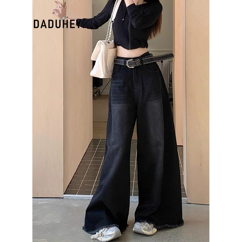 DADUHEY Black Grey Wide-Leg Jeans Women | Washed Distressed