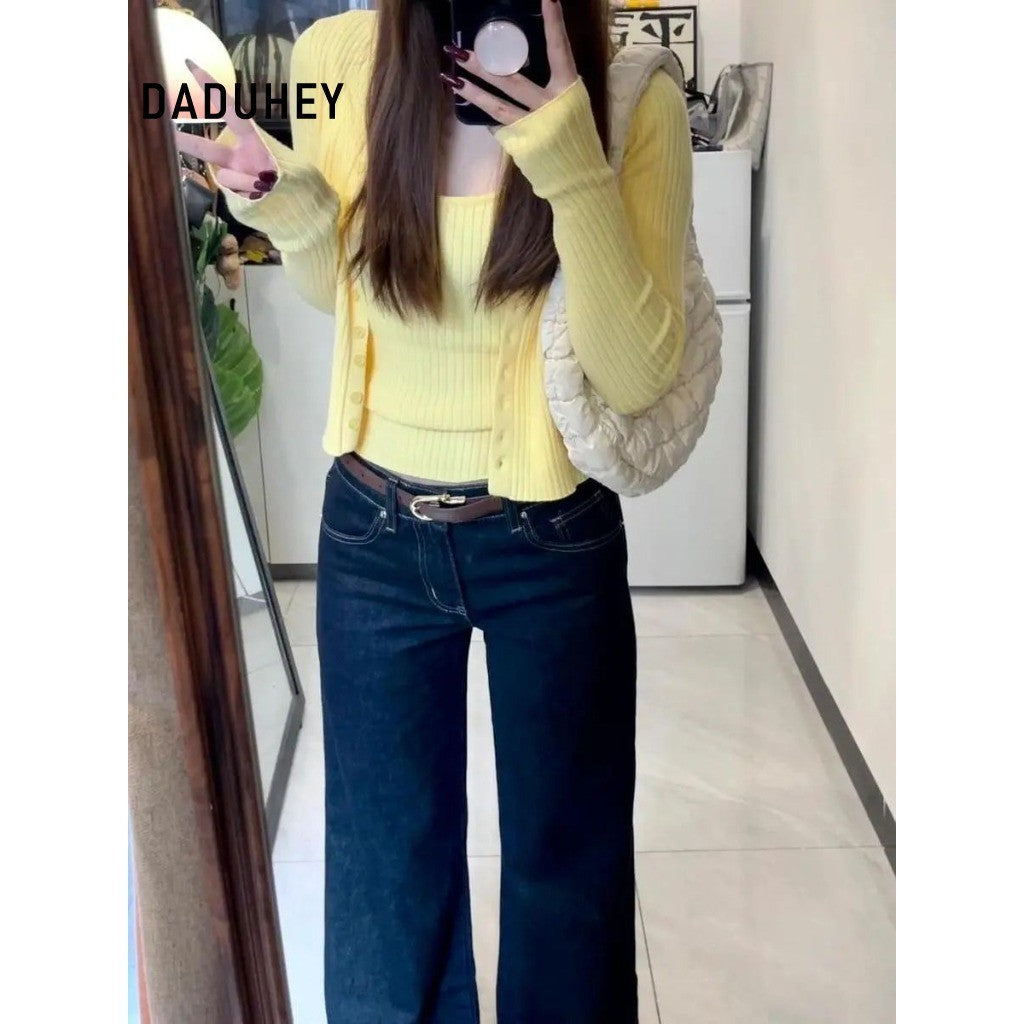 DaDuHey Women's Straight Jeans Korean-Style Retro Dark Blue Low Waist Bootcut Trousers | 9079