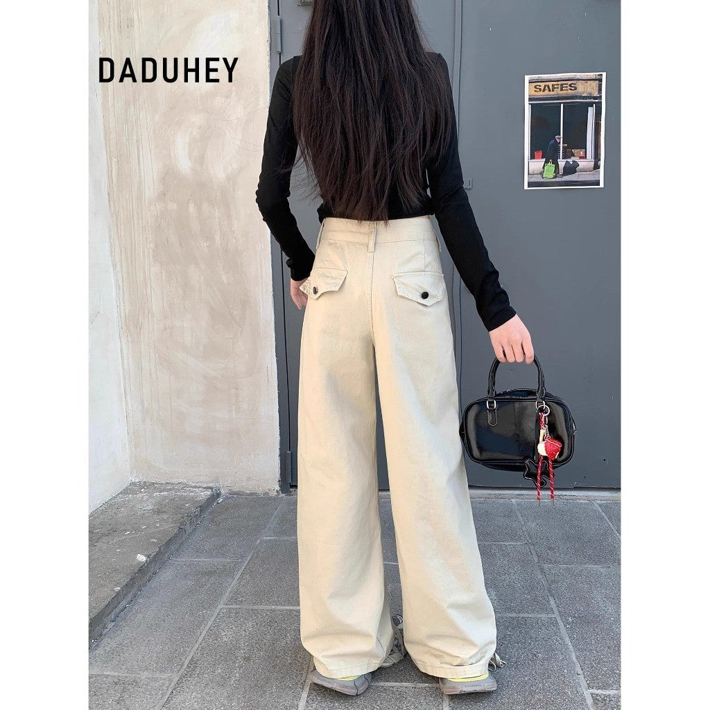 DaDuHey Women's Wide-Leg Jeans American Retro Loose Slimming and All-Matching White Trousers Small