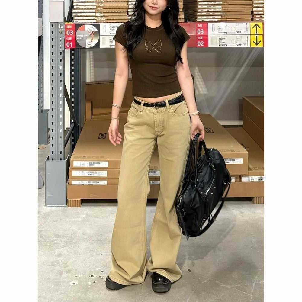 DaDuHey Women's Korean-Style Retro Loose Slimming Jeans Khaki Bootcut Pants Fall Winter Fashion | 9049
