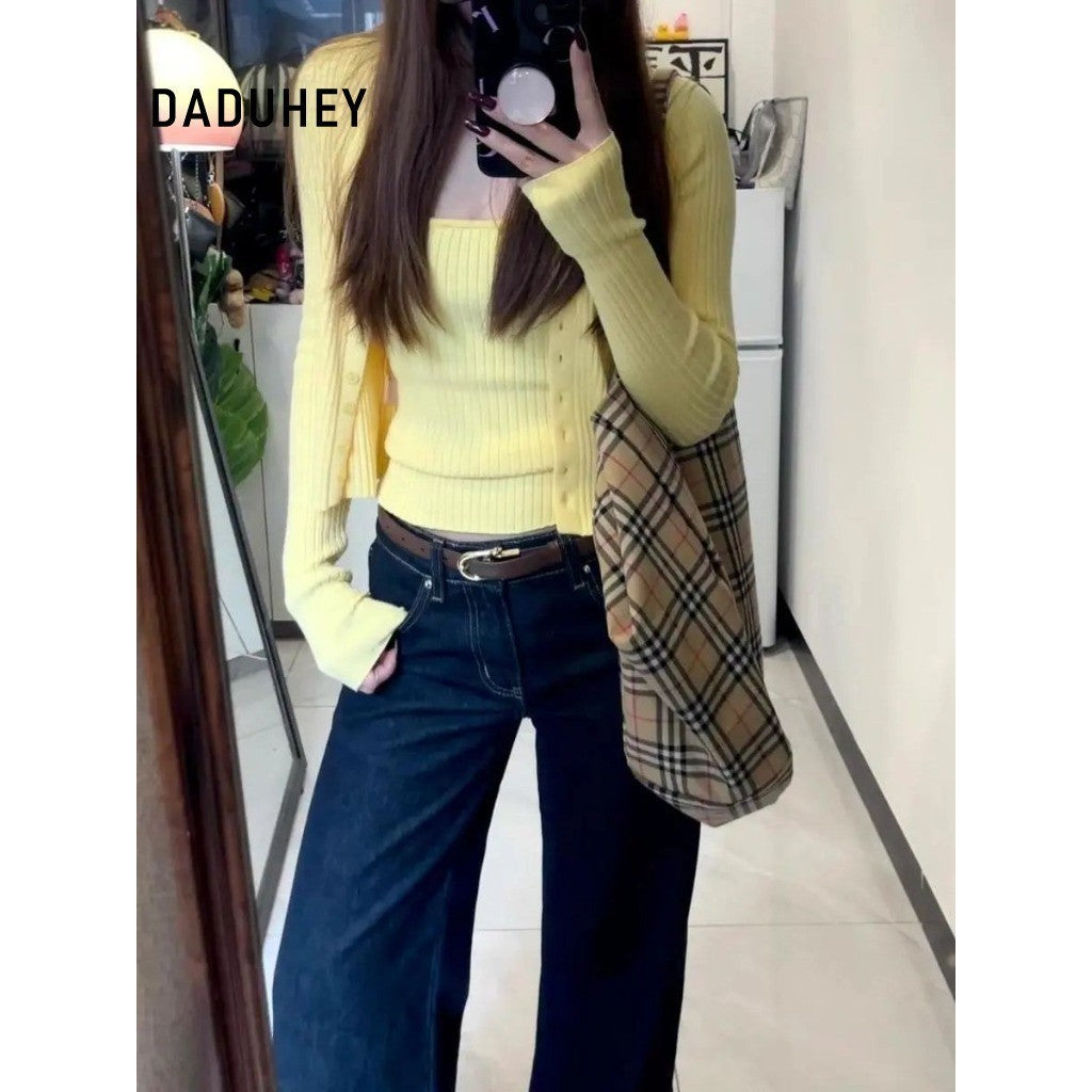 DaDuHey Women's Straight Jeans Korean-Style Retro Dark Blue Low Waist Bootcut Trousers | 9079