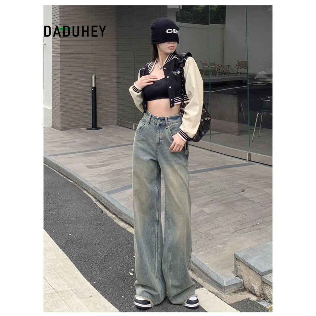 DADUHEY Distressed Straight Jeans Women | High-Waist Frayed Retro