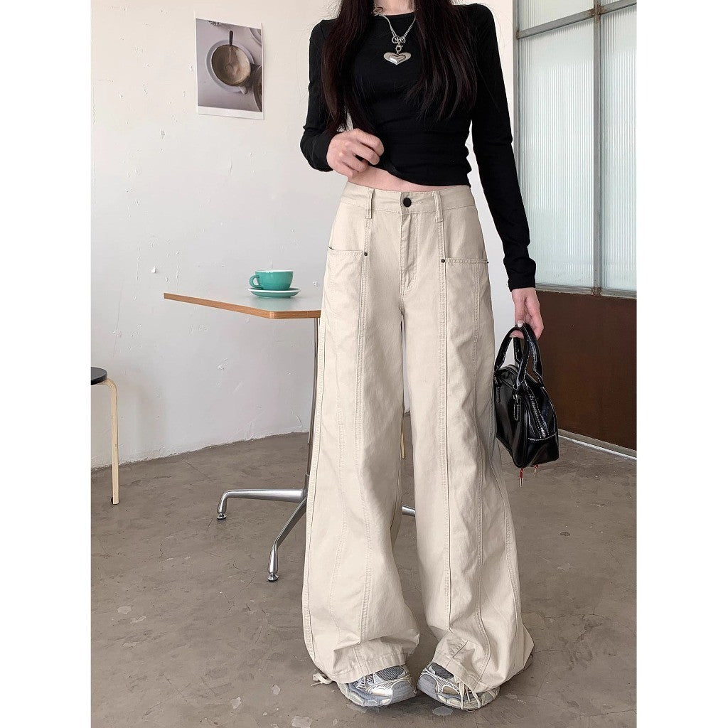 DaDuHey Women's Wide-Leg Jeans American Retro Loose Slimming and All-Matching White Trousers Small