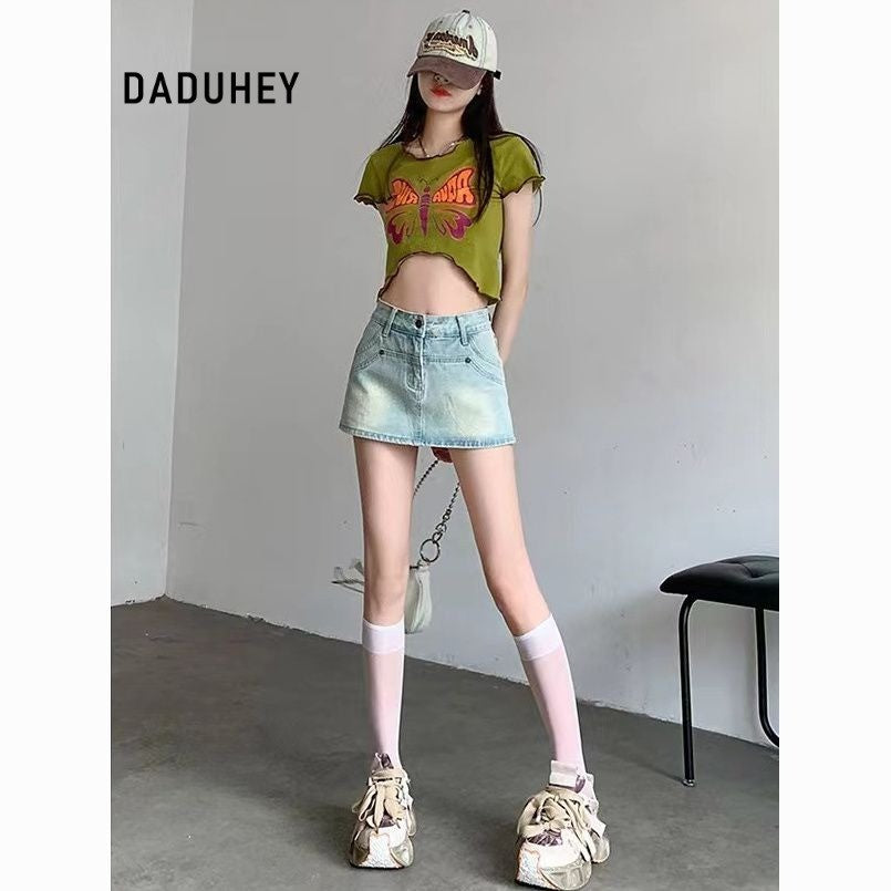 DaDuHey Denim Skirt Women's Korean-Style Hot Girl High Waist Slimming Light-Colored A- line Skirt with Lining Pants