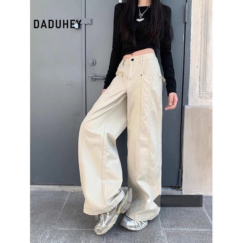 DaDuHey Women's Wide-Leg Jeans American Retro Loose Slimming and All-Matching White Trousers Small