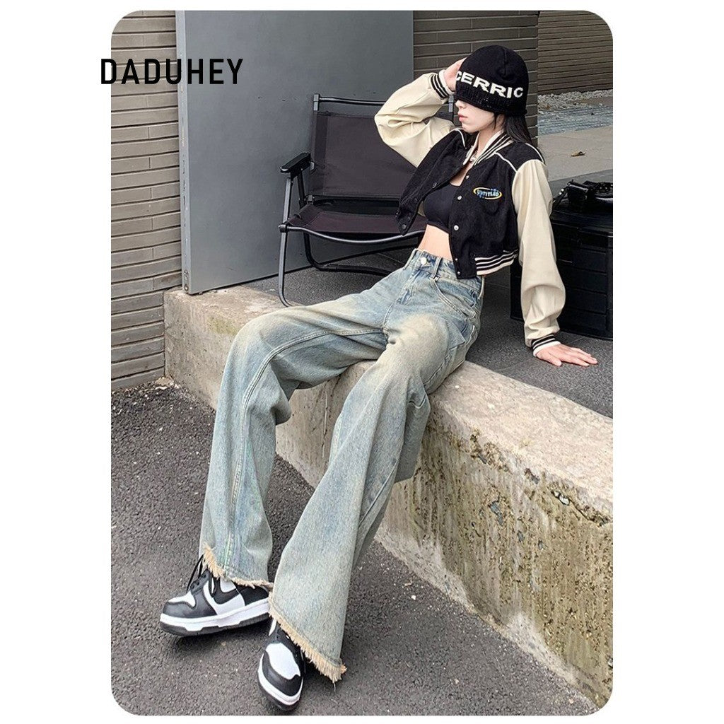 DADUHEY Distressed Straight Jeans Women | High-Waist Frayed Retro