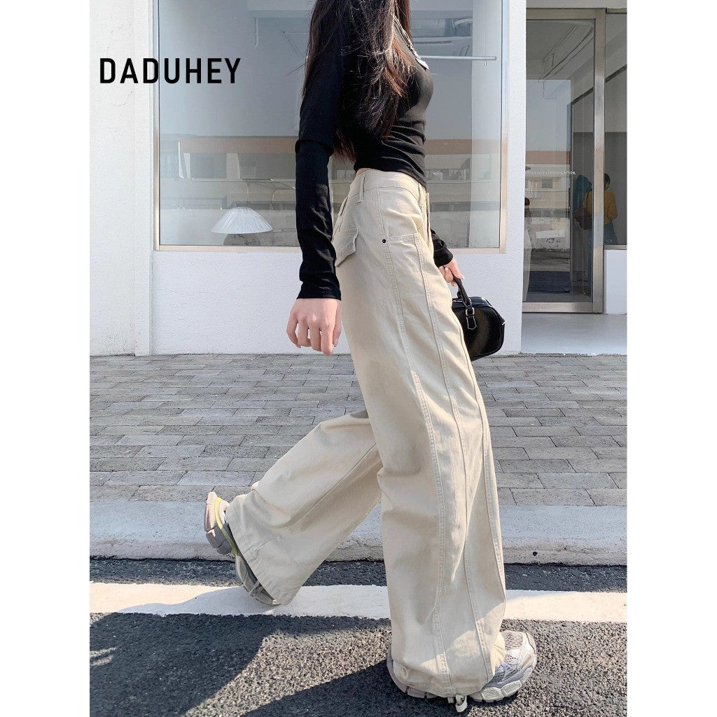 DaDuHey Women's Wide-Leg Jeans American Retro Loose Slimming and All-Matching White Trousers Small